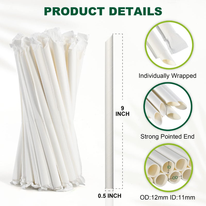 Chunspak 9 Inch Individually Wrapped Disposable White Paper Boba Straws, Bubble Tea Straws 100 Counts, 0.5"/12mm Wide - Pointed End, Extra Thick, Fat - Eco-friendly Biodegradable - Image 2